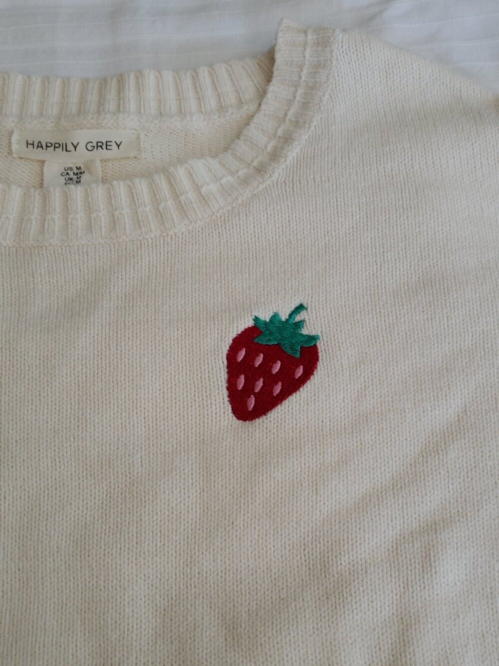 Happily Grey Crew Neck Cotton Blend Sweater with Strawberry - Picture 3 of 7